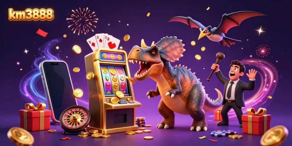 Experience the thrill of km3888 as cartoon dinosaurs celebrate a jackpot moment at a vibrant casino.