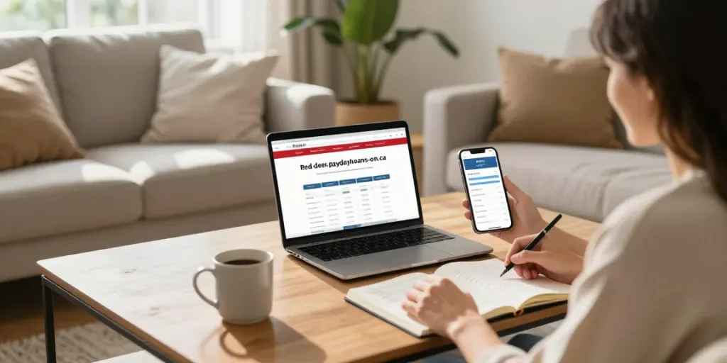 Couple discussing financial options with red-deer.paydayloans-on.ca displayed on laptop in a cozy living room.