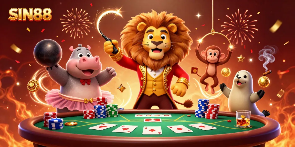SIN88 circus-themed illustration of lively casino characters amidst vibrant gambling elements.