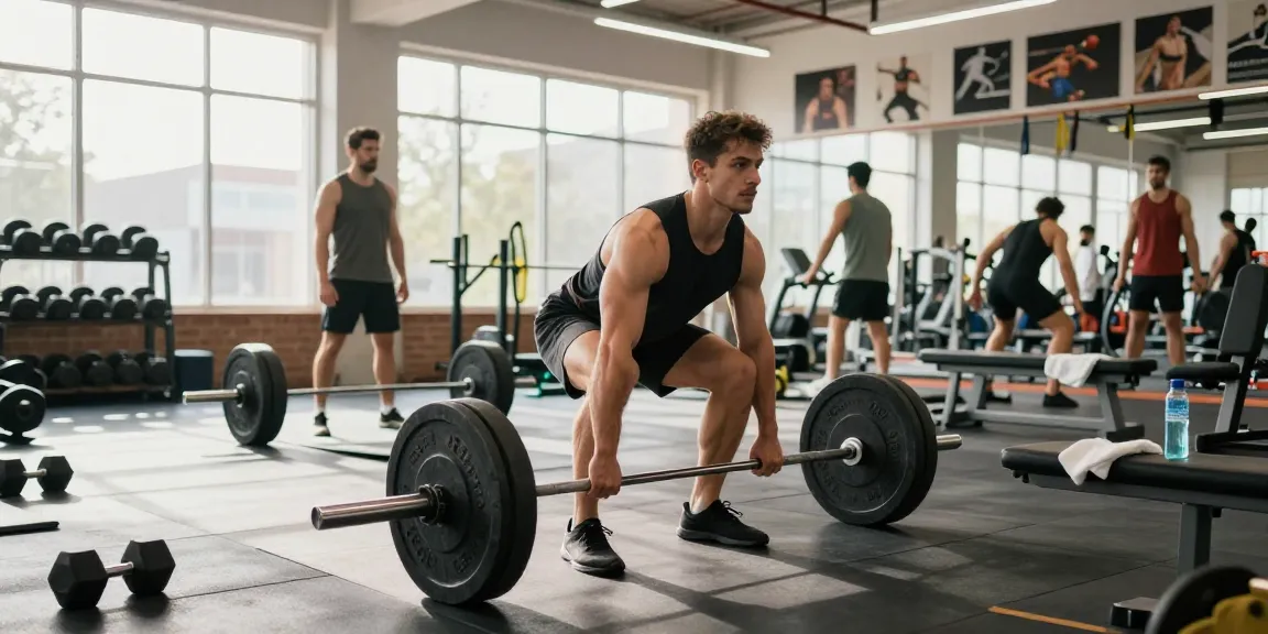 Prime Pharma Steroids in een moderne sportschool waar een atleet deadlifts met zware gewichten, omringd door trainingsapparatuur.