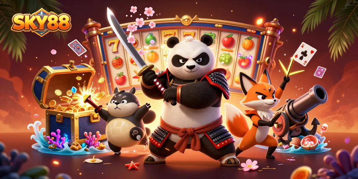 Experience excitement at SKY88 with vibrant slots and animated characters in a rich 3D illustration.