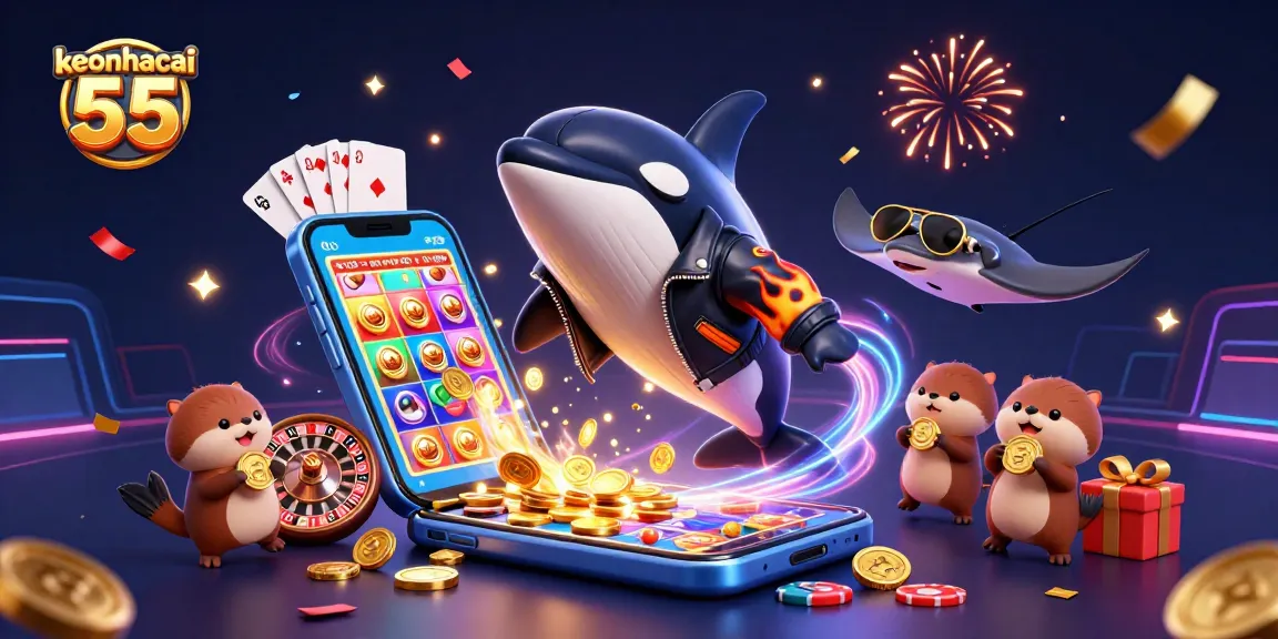 Play with keonhacai 55 in an exciting casino scene featuring a jumping whale and otters with coins.