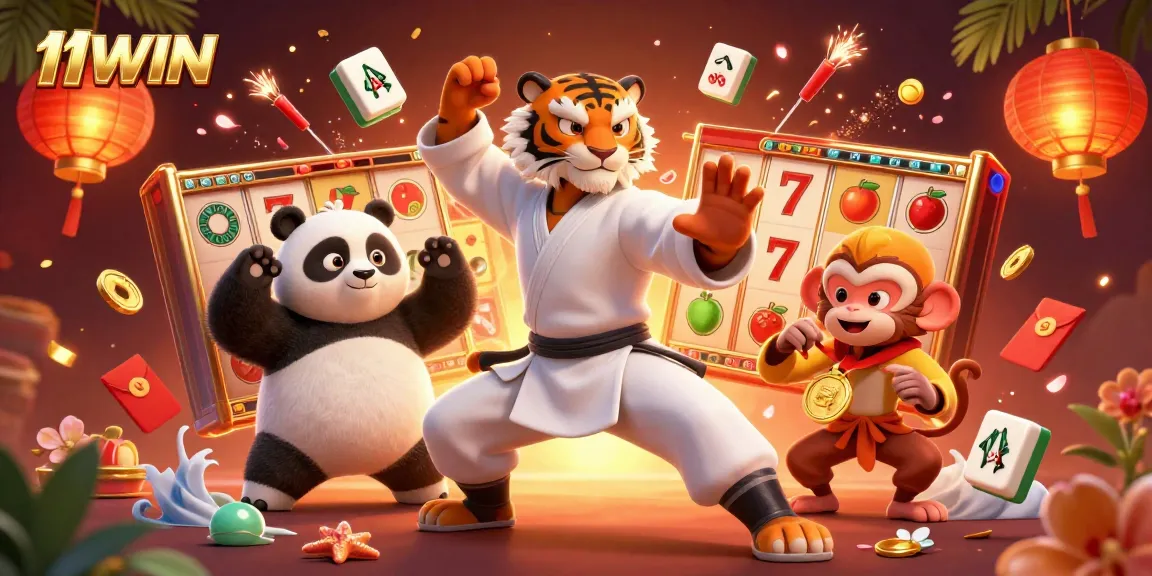 Experience thrilling gameplay with 11WIN's dynamic casino scene featuring lucky symbols and vibrant characters.