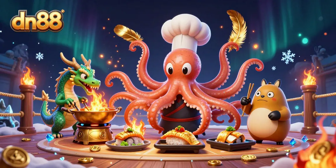 Experience thrilling gaming at dn88 with a dynamic casino scene featuring an octopus chef and dragon.